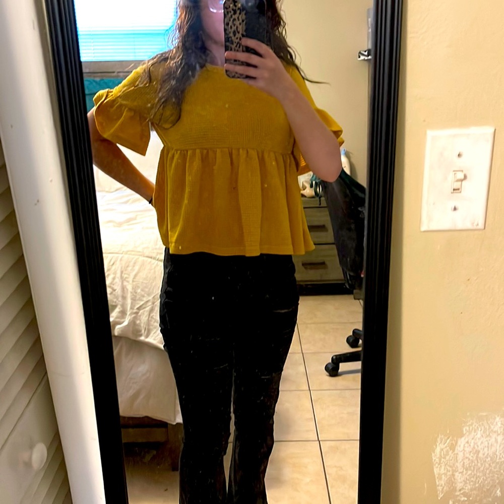 Yellow Waffle Knit Peplum Top
